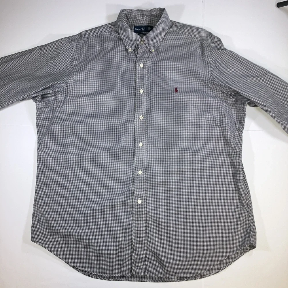 Polo Ralph Lauren Shirt Mens XL 17.5 Houndstooth Navy White L/S Button Down Flaw